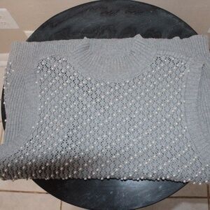 SLEEVELESS CROCKET  KNIT TANK, GRAY VEST WITH PEARLS DETAIL